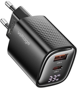 Ładowarka sieciowa Voltage GaN Charger Mini 33W PD 3.0 QC 3.0 USB-A USB-C Digital Display czarna