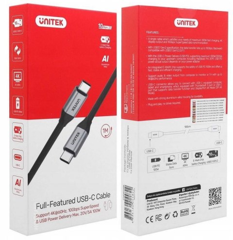 Kabel USB Unitek USB-C na USB-C 10Gbps 4K 60Hz 20V/5A