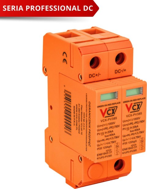 Ogranicznik przepięć fotowoltaiczny DC klasy C 2P (T2) 1000V PV 385 VCX Ogranicznik przepięć fotowoltaiczny DC klasy C 2P (T2) 1000V PV 385 VCX