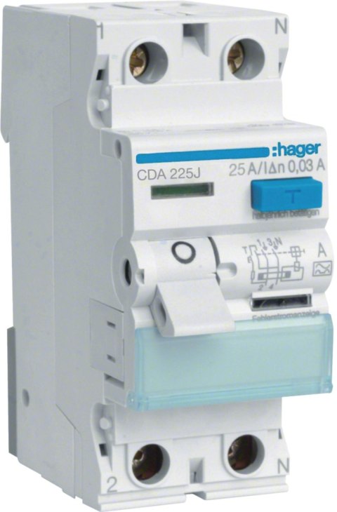 HAGER RCCB Wyłącznik różnicowoprądowy 1P+N 25A 30mA 6kA A CDA225J