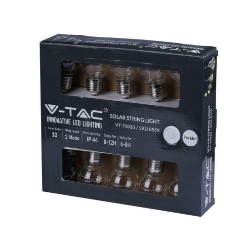 Girlanda ogrodowa solarna LED V-TAC 5 metrów 10 żarówek filament VT-71010 3000K 100lm