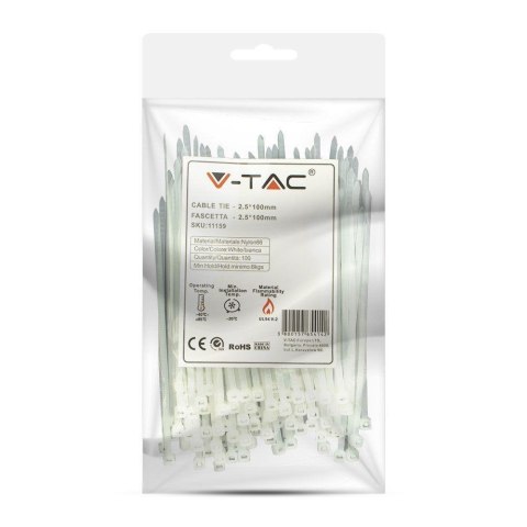 Opaski zaciskowe V-TAC 2.5x100mm biała 8kg Nylon66 (opak. 100szt)