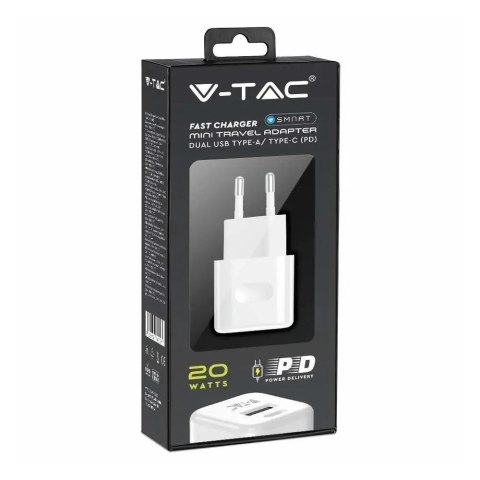 Ładowarka USB V-TAC szybka 20W biała mini dual USB type-A type-C VT-5320-W