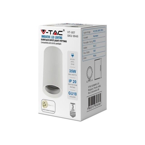 Oprawa V-TAC aluminiowa GU10 okrągła natynkowa tuba biała 60x100mm VT-807-W 3 lata gwarancji