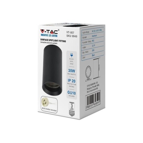 Oprawa V-TAC aluminiowa GU10 okrągła natynkowa tuba czarna 60x100mm VT-807-B 3 lata gwarancji
