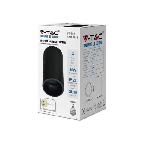 Oprawa V-TAC aluminiowa GU10 okrągła natynkowa tuba czarna 70x107mm VT-802 3 lata gwarancji