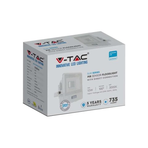 Projektor LED V-TAC 10W SAMSUNG CHIP czujnik ruchu biały Z mufą VT-118S 6500K 735lm 5 lat gwarancji