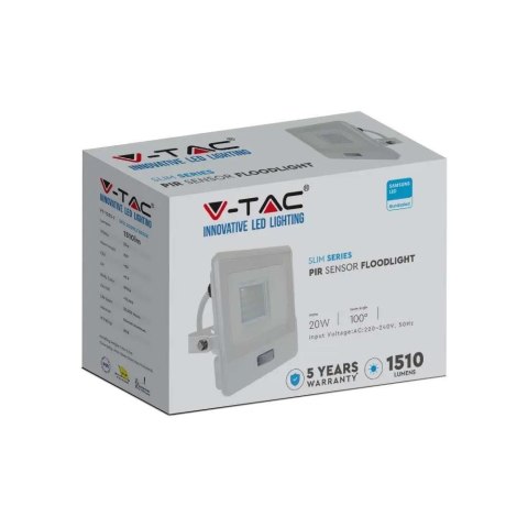 Projektor LED V-TAC 20W SAMSUNG CHIP czujnik ruchu biały przewód 1M VT-128S-1 4000K 1510lm 5 lat gwarancji