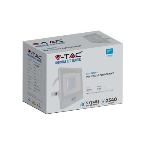 Projektor LED V-TAC 30W SAMSUNG CHIP czujnik ruchu biały przewód 1M VT-138S-1 4000K 2340lm 5 lat gwarancji