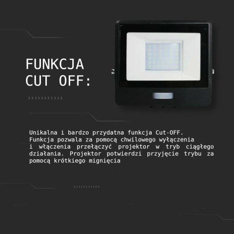 Projektor LED V-TAC 30W SAMSUNG CHIP czujnik ruchu czarny przewód 1M VT-138S-1 6400K 2340lm 5 lat gwarancji