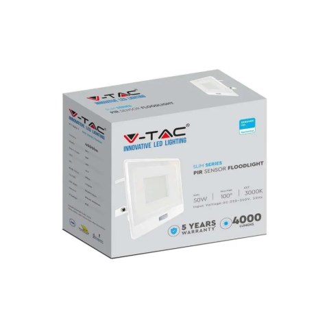 Projektor LED V-TAC 50W SAMSUNG CHIP czujnik ruchu biały przewód 1M VT-158S-1-W 6400K 4000lm 5 lat gwarancji