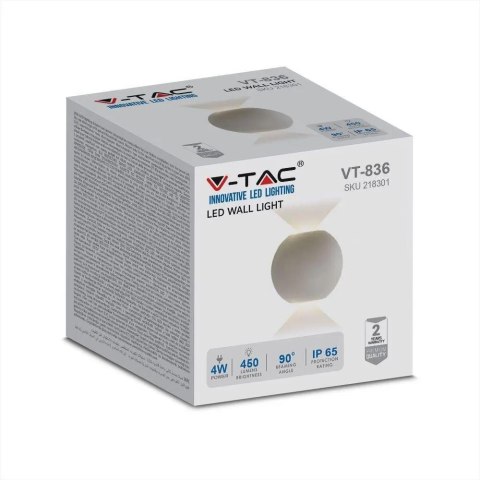 Kinkiet ścienny V-TAC 4W LED biały okrągły IP65 VT-836-W 4000K 476lm