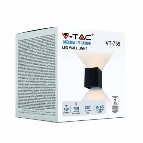 Oprawa ścienna V-TAC 5W kinkiet góra dół regulowana czarny kwadrat IP65 BRIDGELUX VT-759-B 3000K 700lm
