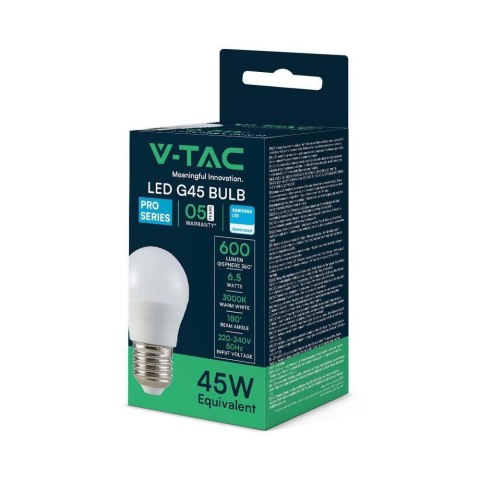 Żarówka LED V-TAC SAMSUNG CHIP 6,5W E27 kulka G45 VT-290 4000K 600lm 5 lat gwarancji