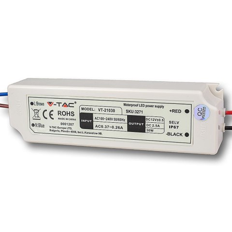 Zasilacz LED V-TAC 30W 12V 2.5A IP67 hermetyczny filtr EMI VT-21030