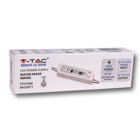 Zasilacz LED V-TAC 30W 12V 2.5A IP67 hermetyczny filtr EMI VT-21030