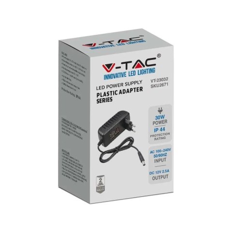 Zasilacz LED V-TAC 30W 12V wtyczkowy 2.5A IP44 do gniazdka filtr EMI VT-23032