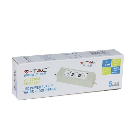 Zasilacz LED V-TAC 60W 12V 5A IP67 hermetyczny filtr EMI VT-22065 5 lat gwarancji
