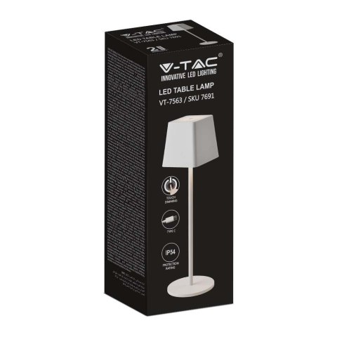 Lampka biurkowa nocna V-TAC 2W LED 36cm ładowanie ściemnianie IP54 biała VT-7563 3000K 200lm