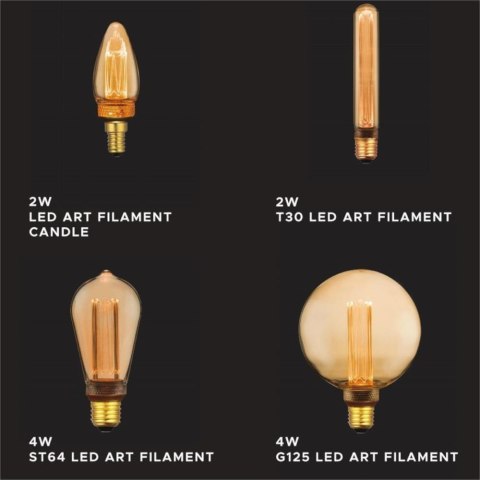 Żarówka LED V-TAC 2W edison retro E27 T30 bursztynowa 30x185mm VT-2162 1800K 65lm