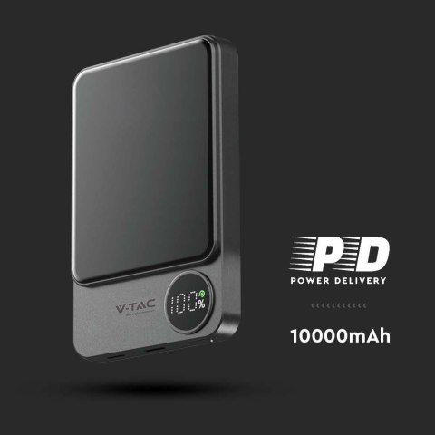 Power bank V-TAC 10000mAh szary magnetyczny 9mm aluminium lightning LCD szybki 20W V-TAC VT-100011-SG