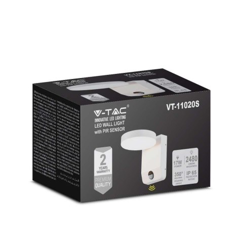 Projektor oprawa elewacyjna V-TAC 17W LED czujnik ruchu okrągła biała IP65 VT-11020S 4000K 2520lm
