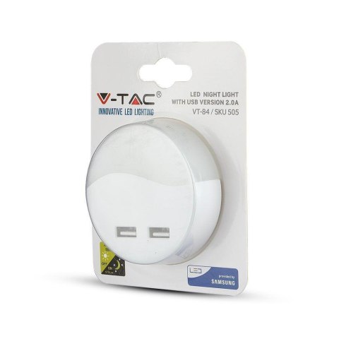 Lampka nocna do gniazdka LED z USB V-TAC SAMSUNG CHIP okrągła VT-84-RD 4000K 10lm