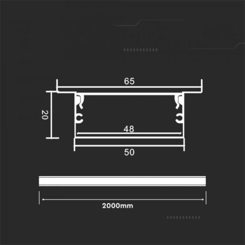 Profil aluminiowy anodowany wpuszczany 20x50mm V-TAC 2mb klosz mleczny VT-8207