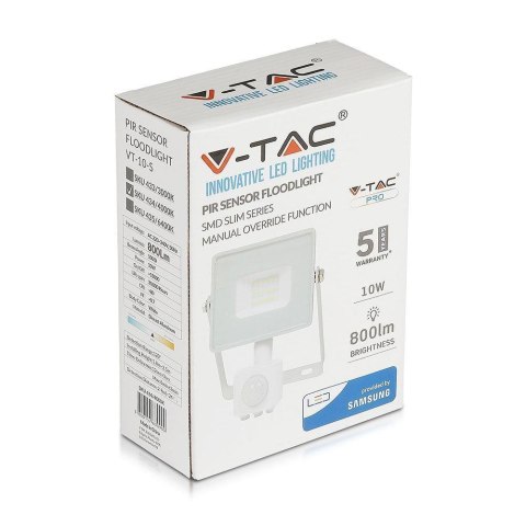 Projektor LED V-TAC 10W SAMSUNG CHIP czujnik ruchu funkcja cut-OFF biały VT-10-S-W 4000K 800lm 5 lat gwarancji