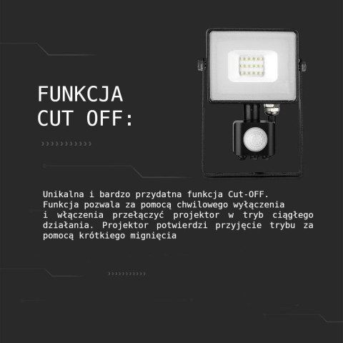 Projektor LED V-TAC 10W SAMSUNG CHIP czujnik ruchu funkcja cut-OFF czarny VT-10-S-B 3000K 800lm 5 lat gwarancji