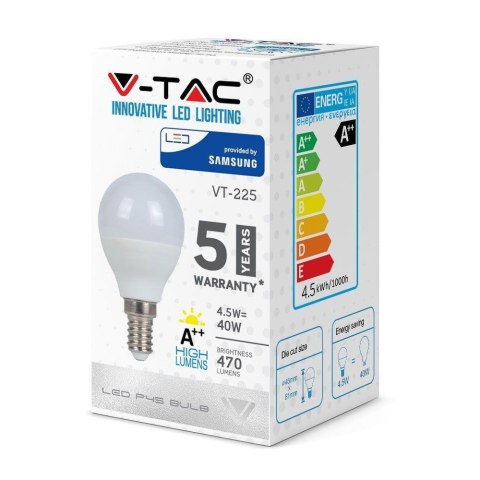 Żarówka LED V-TAC SAMSUNG CHIP 4.5W E14 kulka P45 VT-225 3000K 470lm 5 lat gwarancji