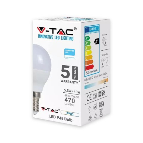 Żarówka LED V-TAC SAMSUNG CHIP 5.5W E14 P45 kulka VT-236 3000K 470lm 5 lat gwarancji