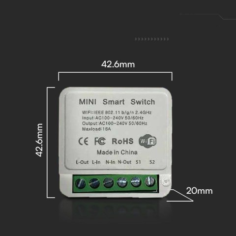 Bezprzewodowy włącznik switch WI-FI V-TAC 1x10A dopuszkowy Smart Life tuya Alexa Google Home VT-5101