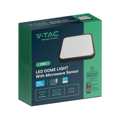 Plafon V-TAC 36W LED SAMSUNG CHIP kwadrat 42x42cm natynkowy pilot czujnik ruchu IP44 czarny VT-8630S 4000K 3820lm 5 lat gwarancj