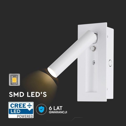 Oprawa LED V-TAC 2W COB CREE kinkiet biały hotel łóżko włącznik VT-88061-W 3000K 76lm