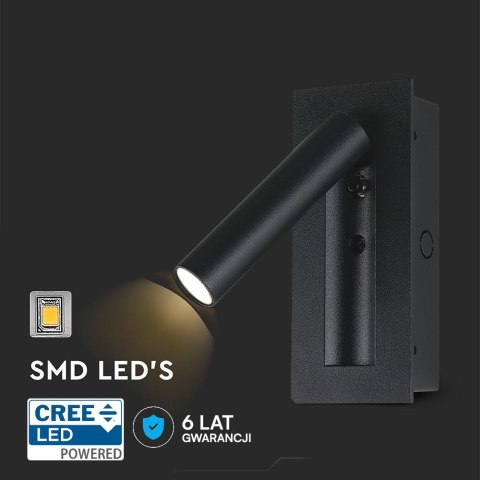 Oprawa LED V-TAC 2W COB CREE kinkiet czarny hotel łóżko włącznik VT-88061-B 3000K 76lm