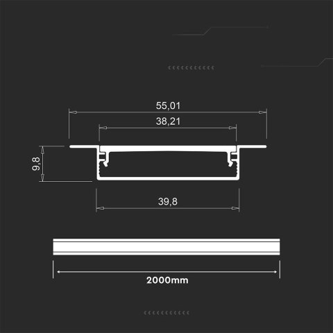 Profil aluminiowy anodowany wpuszczany V-TAC 2mb klosz mleczny 2000x39,8x9,8mm VT-71002 5 lata gwarancji