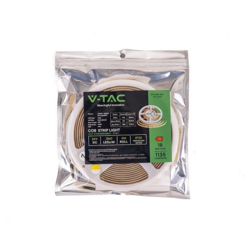 Taśma LED V-TAC bezpunktowa COB CCT 3w1 560LED 24V 18W/m CRI90 VT-COB 2700K-6500K