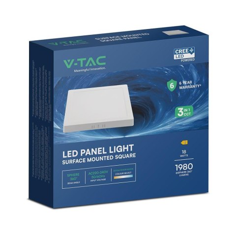 Panel natynkowy downlight V-TAC 18W LED CREE CHIP kwadrat 214x214mm VT-60018CCT 3000K-4000K-6500K 1980lm 6 lat gwarancji