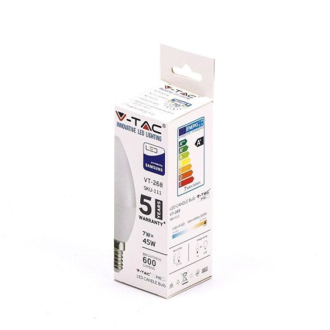 Żarówka LED V-TAC SAMSUNG CHIP 7W E14 świeca VT-268 3000K 600lm 5 lat gwarancji