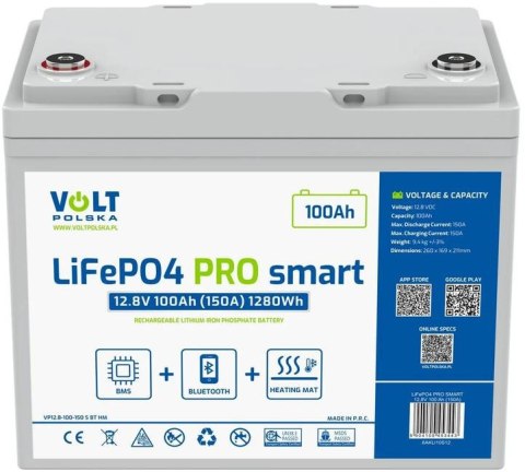Akumulator LiFePO4 Volt Polska PRO SMART 12,8V 100 Ah (150A) BMS BLUETOOTH + MATA GRZEWCZA