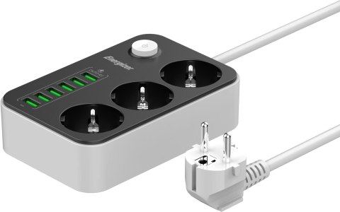 LISTWA ZASILAJĄCA Z WYŁĄCZNIKIEM Energizer 3x SCHUKO 6x USB-A 2500W 10A KABEL 2M