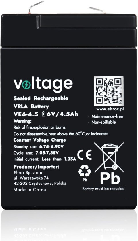 Akumulator AGM Voltage 6V 4,5Ah VE6-4.5 (Żywotność 6-9 lat)